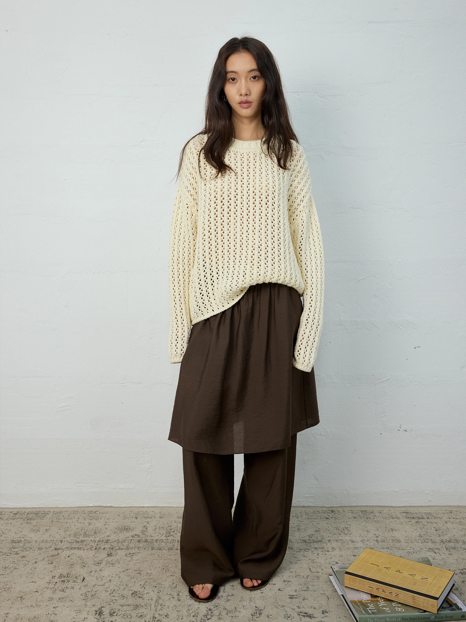 

Tonō Loose Fit Knitted Cotton Top Hollow out Lazy Sle Women's Long Sve round Ne Pullover Spring Faion Casual Wear