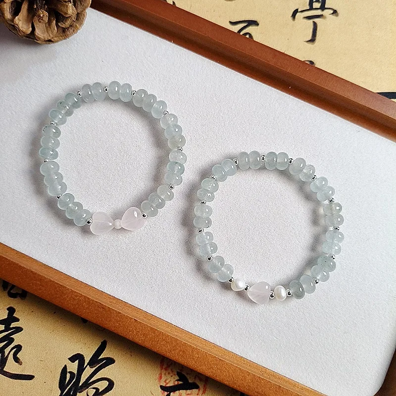 Ocean Blue Love Optimized Aquamarine Abacus Bead Bracelet For Women, Mori Style High-End Crystal Heart Pearl Beaded Jewelry