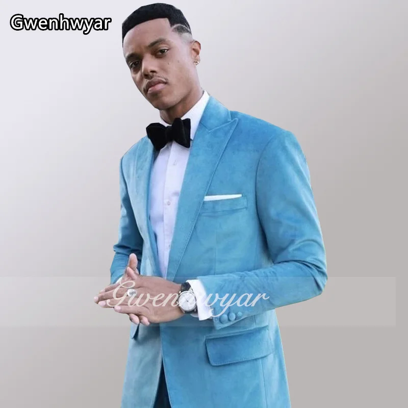 

Gwenhwyfar Sea Blue Velvet Men Suits Prom Party Dinner Men Dress Suit Peaked Lapel veste de Costume Homme 2 Pieces Jacket+Pant