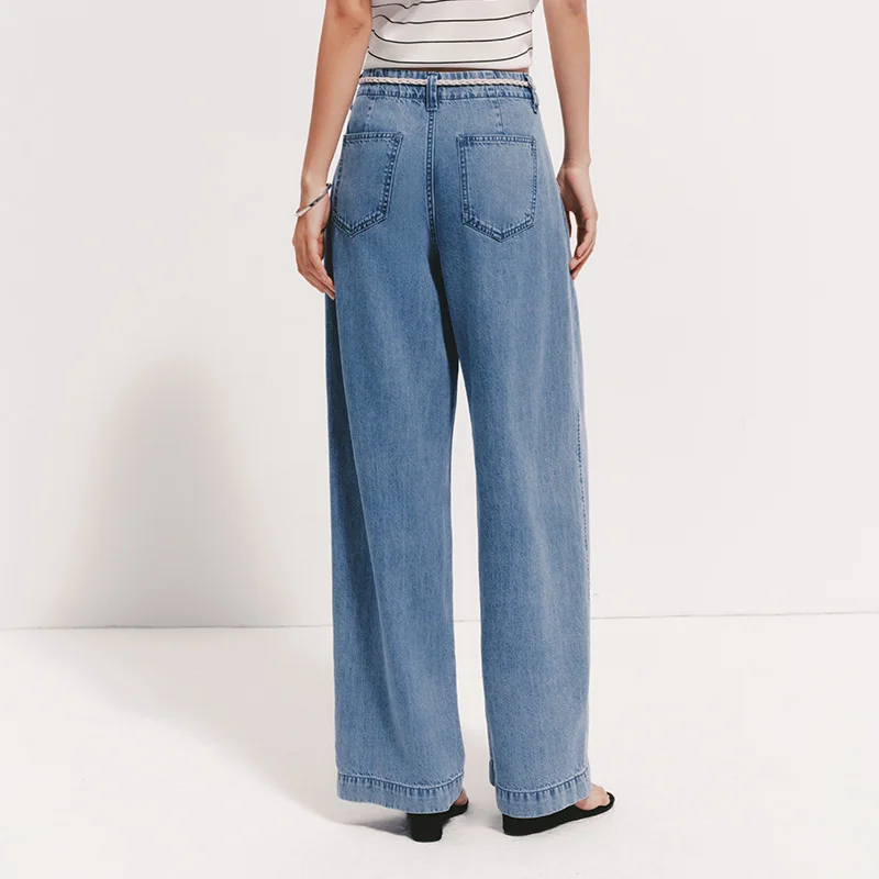 Women's Wide-Leg Denim Jeans with Belt - Loose Fit