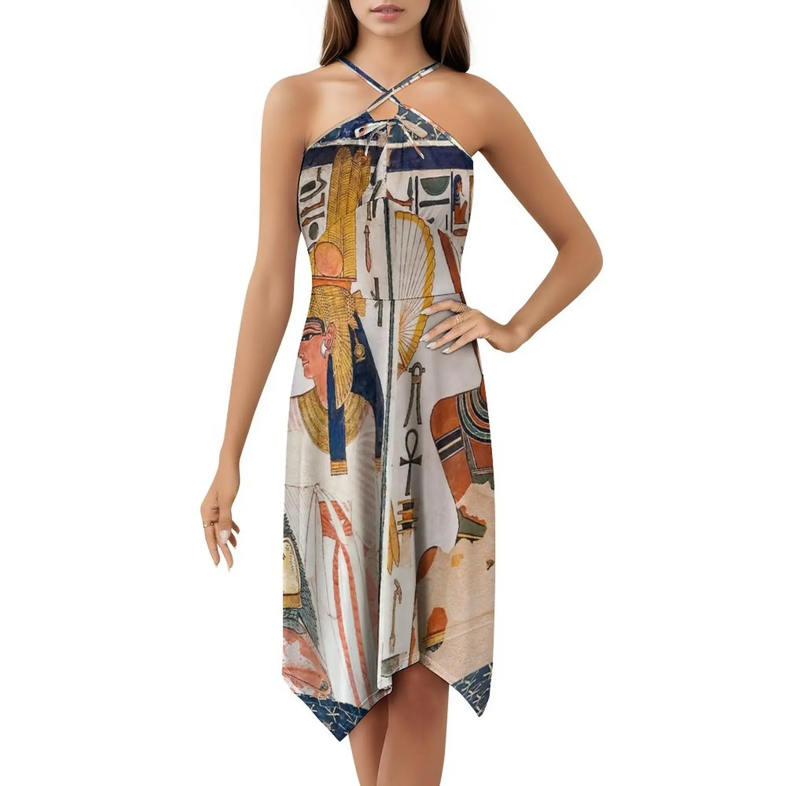 فستان Nefertari Tomb Wall العتيق البوهيمي بأكمام منتفخة أو خيارات بدون أكمام للنساء فستان Nefertari مقبرة مصرية المصرية