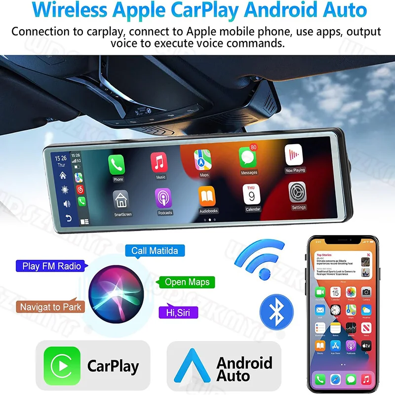 4K Mirror Car DVR Wireless Carplay Android Auto 10/12inch Front and Rear Camera Bluetooth FM Dash Cam for Car Camera for Vehicle