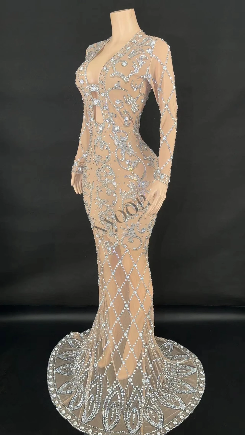 Rotterdam-Robe Longue Transparente en Maille avec Strass, Décolmétrage en V Profond, Tenue de Soirée, de Mariage, d'Anniversaire, de Bal, Séance Photo