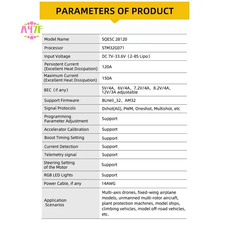 

A47F-SEQURE 28120 Brushless Electric Speed Controller 2-8S 120A Firmware Support 128Khz PWM For RC Car Models Racing Drone