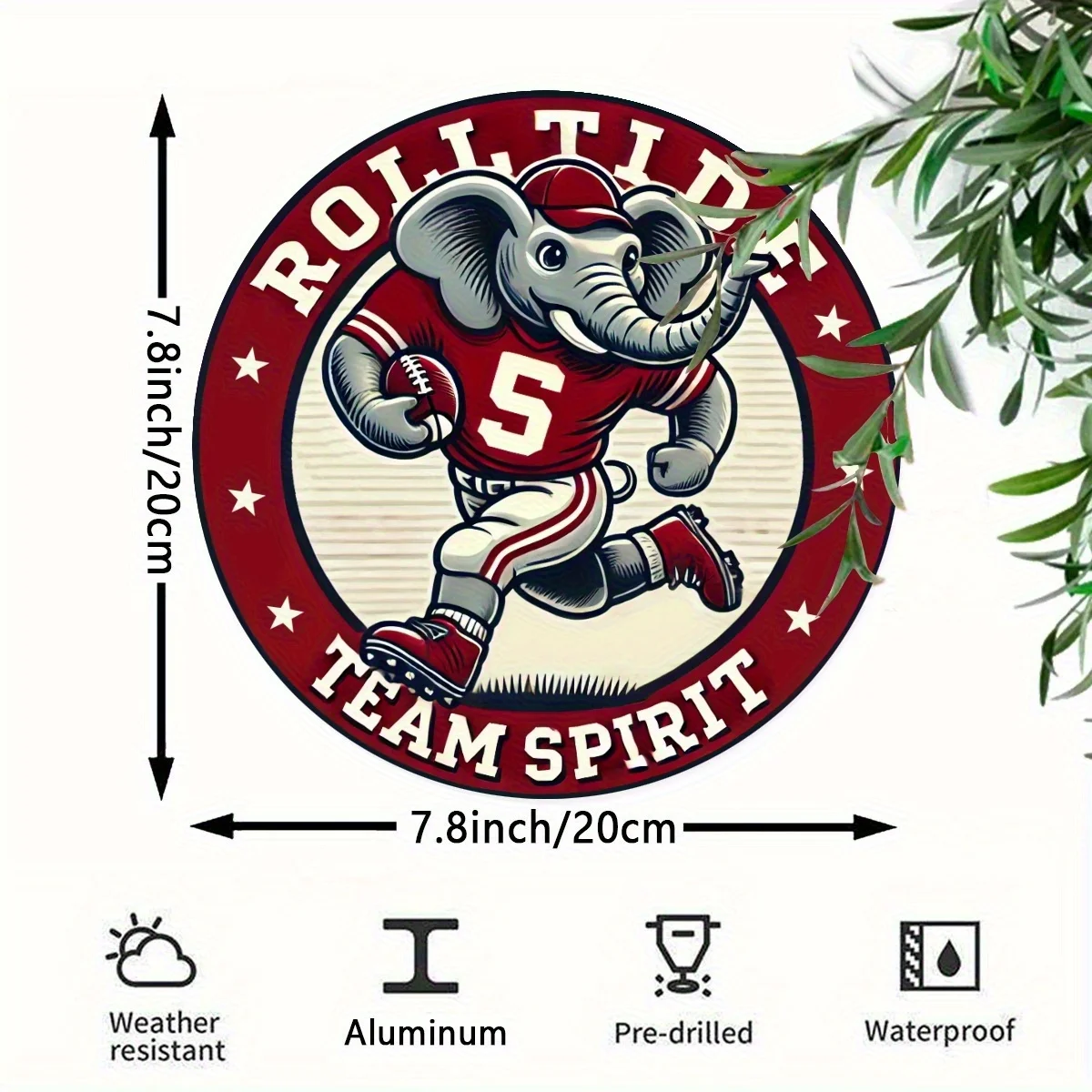 Roll Tide Alabama Crimson Tide Football Mascot Round Metal Sign, 2D Flat Printed Retro Elephant Team Spirit Art Tin Plaque, Coll