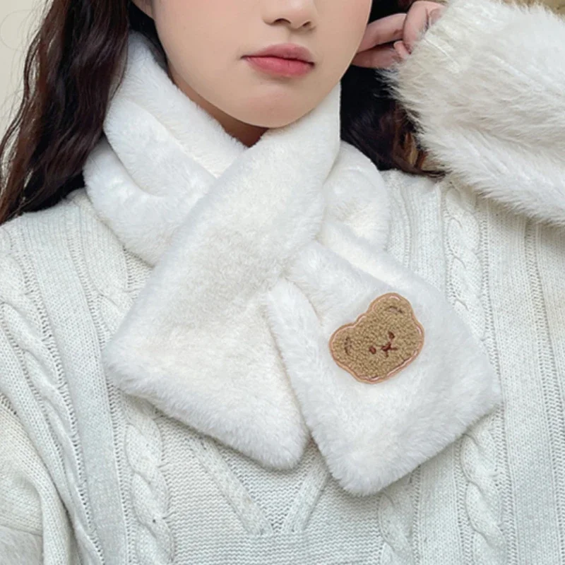 FANAN Imitation Fur Scarf Women Luxury Winter Warm Plush Scarf Cute Bear Student All-match Thickened Warm Cross Scarf Foulard