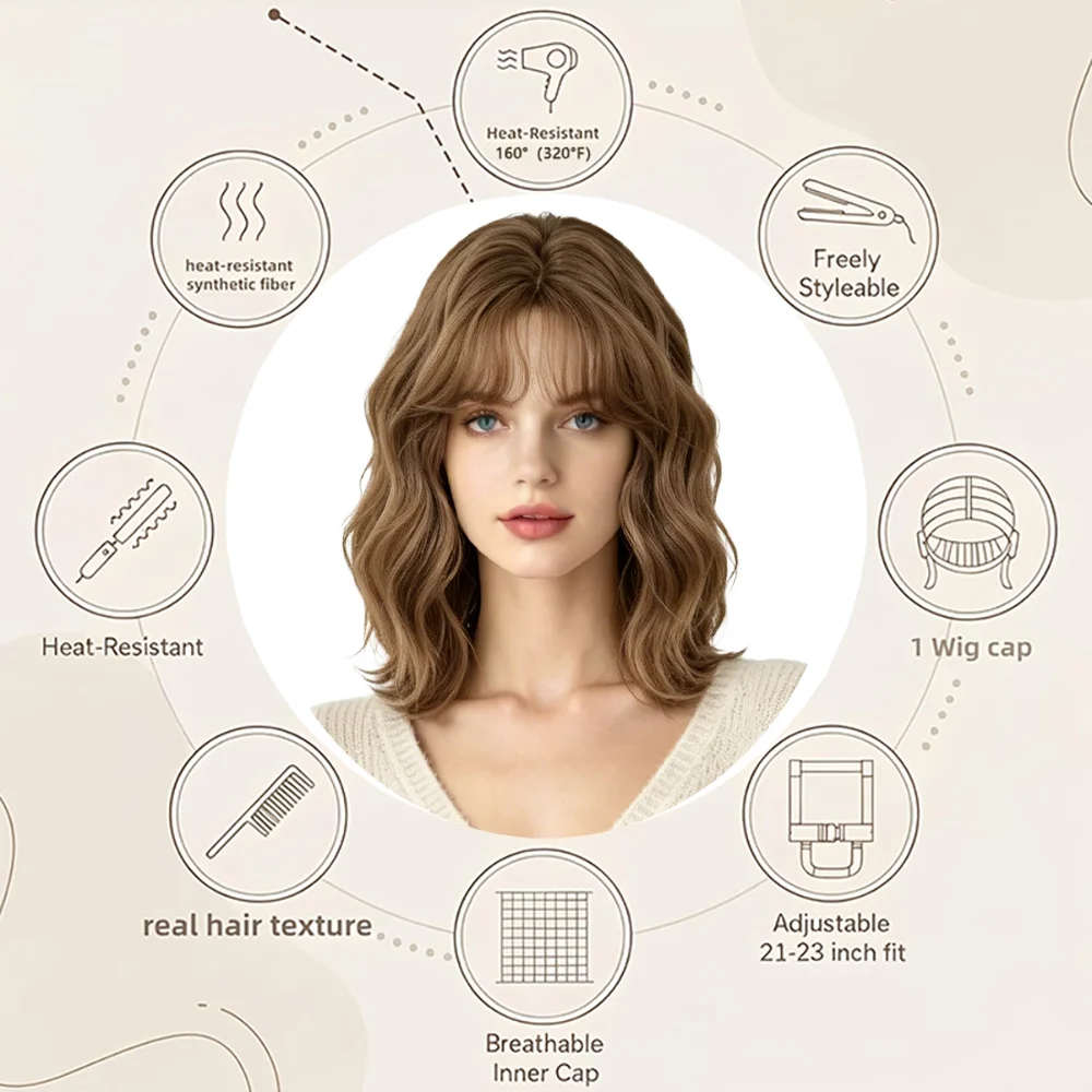 

Light Brown Loose Wavy Bob Wig with Air Bangs Heat Resistant Synthetic Natural Looking Wig For Women Daily Party Halloween