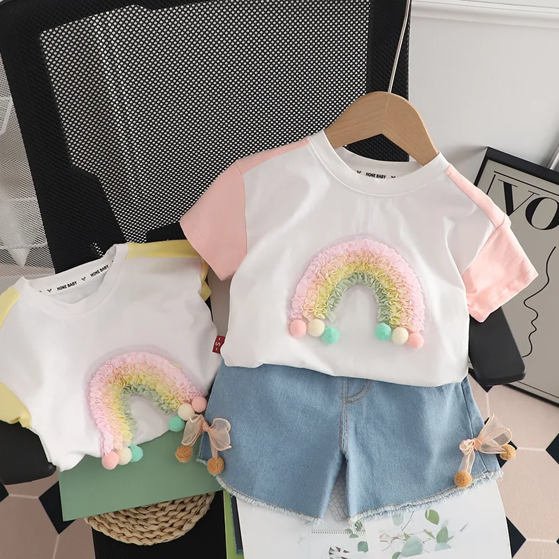 

Baby Girls Clothing Sets Hairball Summer Kids Lace Bow T Shirt Jeans 2 Pcs Suits Toddler Casual Clothes Rainbow Outfits GY04121