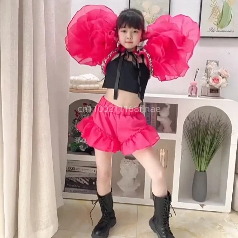 

Children's Pink Dress Runway Show Costume with Bubble Sleeves, Girls' Sequins, Jazz Dance Costume, Girls' Trendy Cool Set