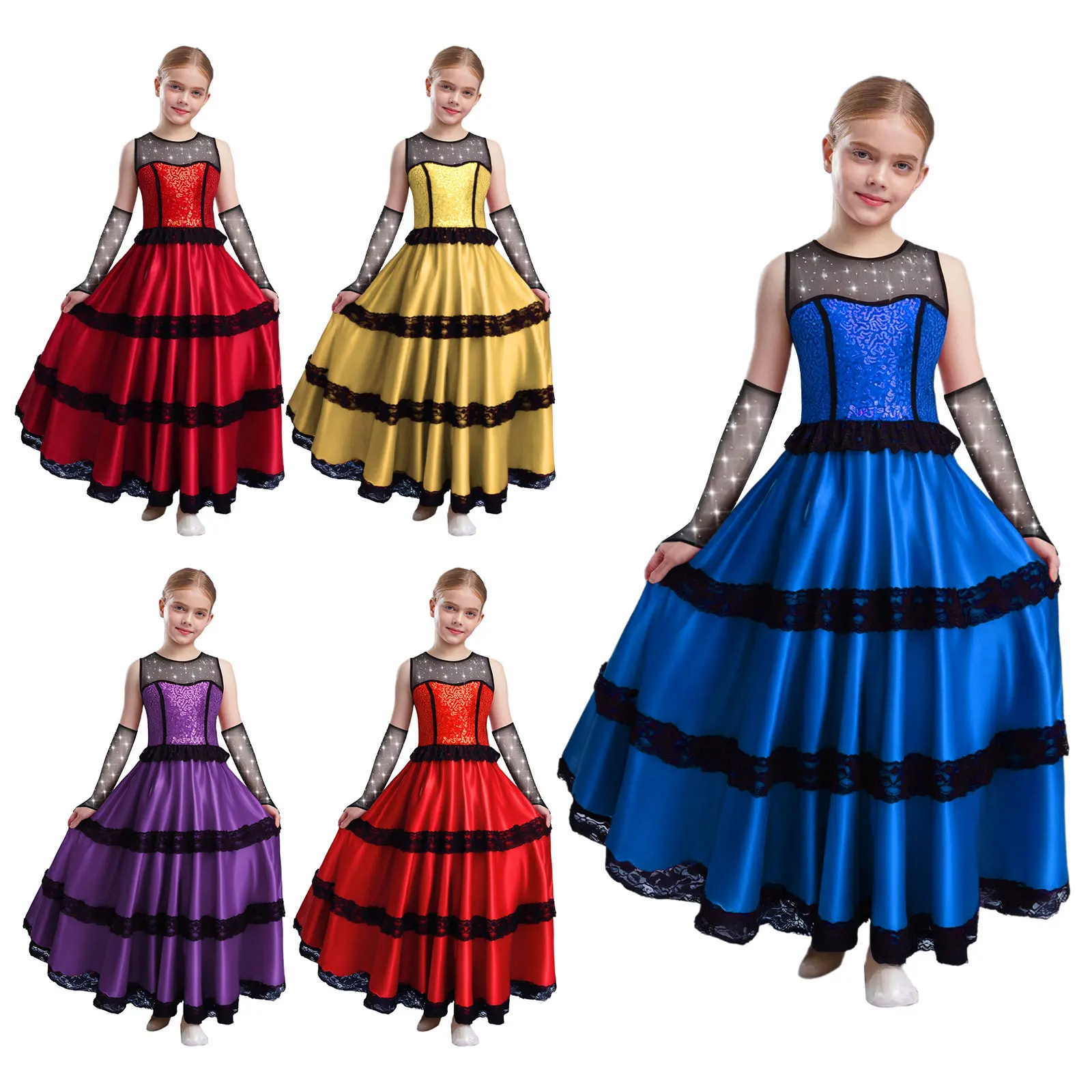 

Kids Girls Flamenco Performance Costume Sleeveless Tiered Lace Sequins Color Block Dance Dress Carnival Party Ballroom Dancewear