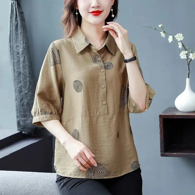 Middle Aged Women Summer Fashion Geometric Print Button Up Shirt Casual Lapel Cotton Linen Blouse Ladies Short Sleeve Loose Tops