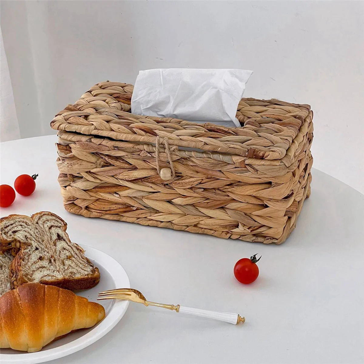 3X Ins Water Hyacinth Woven Tissue Box Rattan Woven Lid Sanitary Box Household Living Room Pumping Paper Box Storage