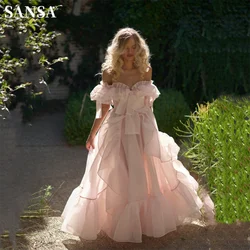 Sansa Baby Pink Off Shoulder Prom Dress Sweet Edge Curl Organza Vestidos De Noche Puffy Prom Dress Customized فساتين السهرة