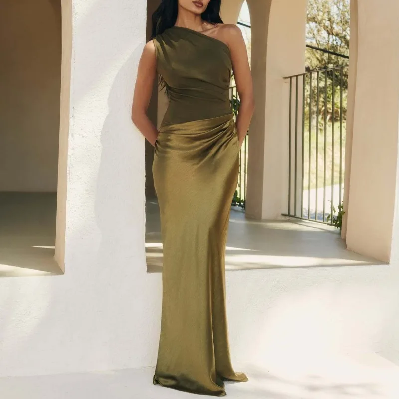 Sexy One Shoulder Satin Splicing Long Dress Women Elegant Skew Collar Hollow Boho Dress Backless Sleeveless Party Dress