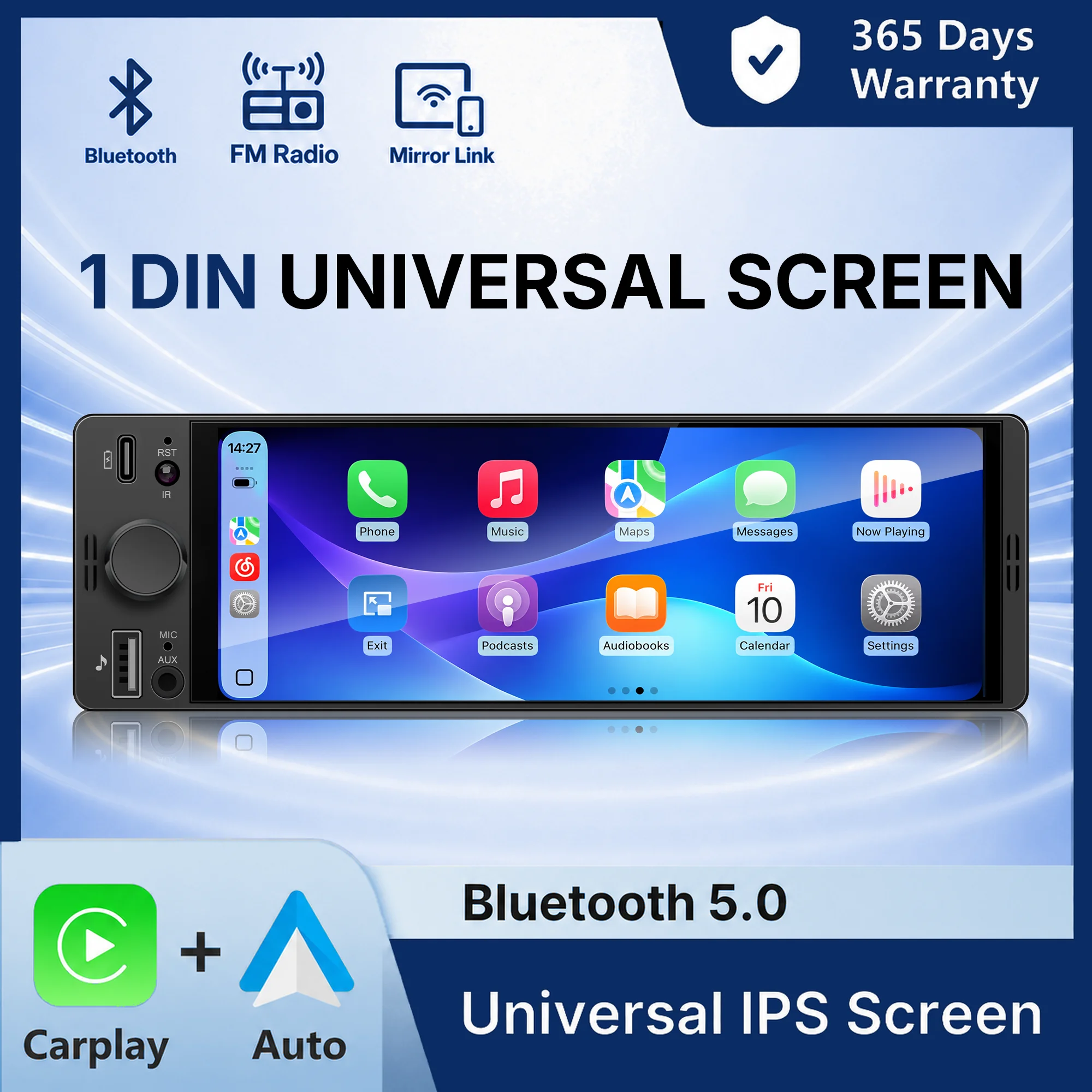 1 DIN Car Radio 6.36 Inch 1280x480 Touchscreen Car Stereo Wireless CarPlay Android Auto Bluetooth FM USB AUX Type-C MP5 Player