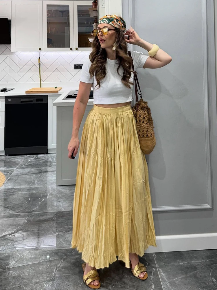 

HH 2025 Women Summer New Solid Pleated A-Line Elastic Waist Midi Skirt Female Casual Crease Effect Trendy Fashion Skirts