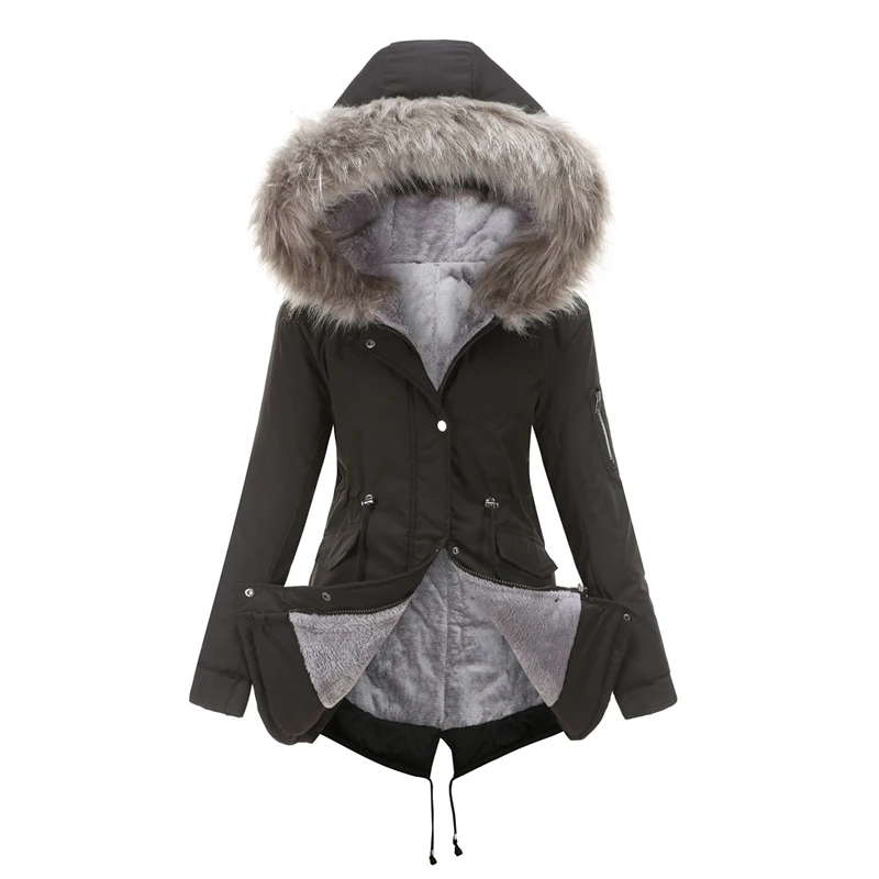 Winter Women Fleece Lined Parka Jackets Fashion Women Thermal Faux Fur Hooded Coats Outdoor Lady Snow Warm Windbreaker Parkas