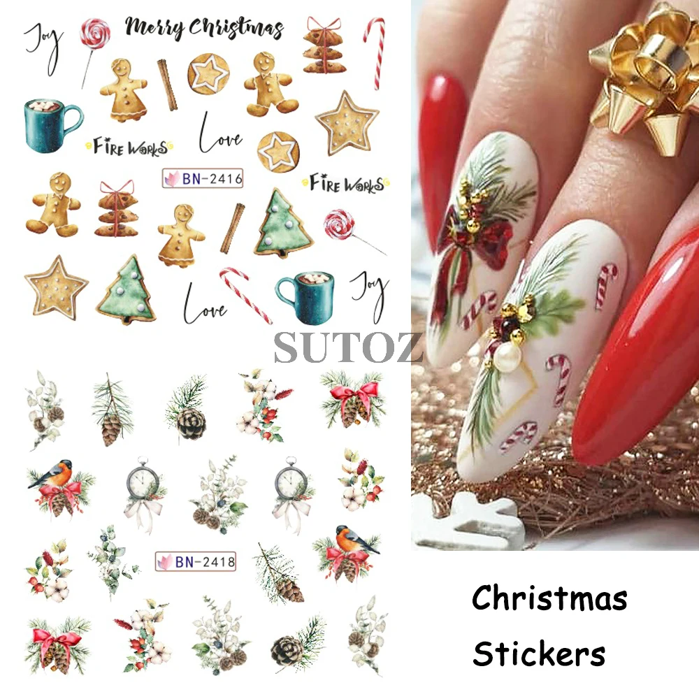 12pcs Weihnachten Nail Art Aufkleber Winter Dekoration Transfer Aufkleber Weihnachts bäume Tiere Geschenk Maniküre Wraps LEBBN2413-2424