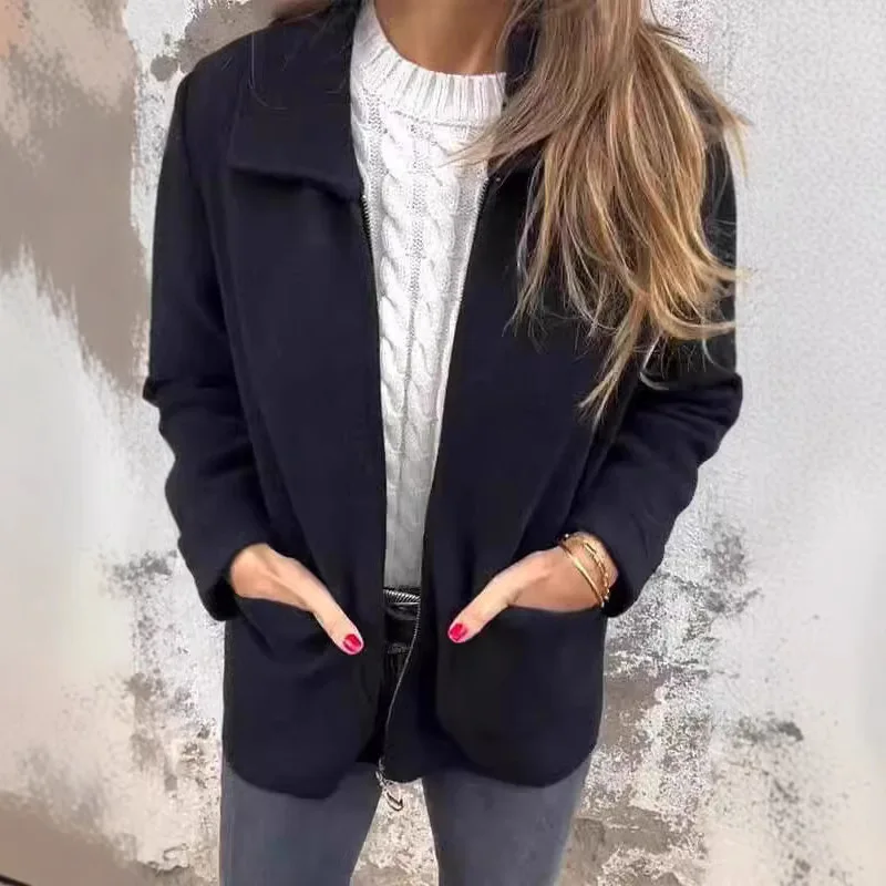 

2024 Autumn Winter New Clothing Lapel Solid Color Zipper Pocket Jacket Mid-Length Women's Coat