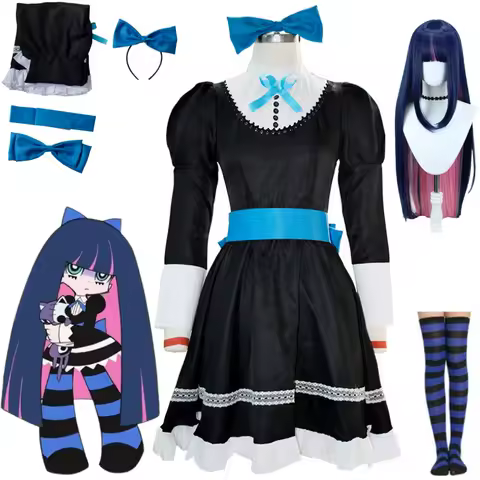 Anime Panty &amp; Stocking with Garterbelt Younger Sister Anarchy Cosplay Costume Gothic Maid Lolita Dress Wig Long Socks