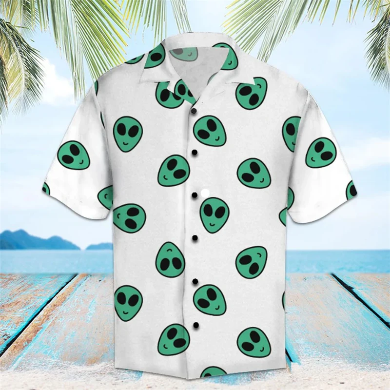 

Fashion Alien Pattern Hawaiian Shirts For Men Summer Trendy Streetwear 3D Printed Lapel Shirt Cool Oversized Breathable Blouses