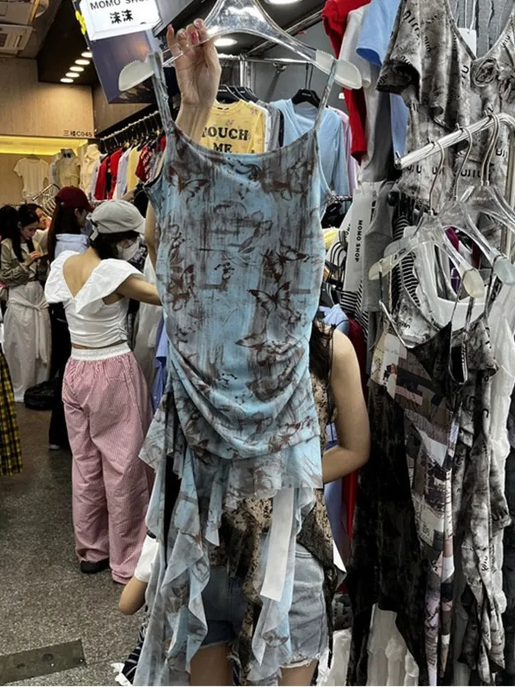 Vestido Assimétrico com Alças para Mulheres, Estilo Verão, Saia Justa em Malha Tingida com Renda, Vestido Curto para o Dia a Dia