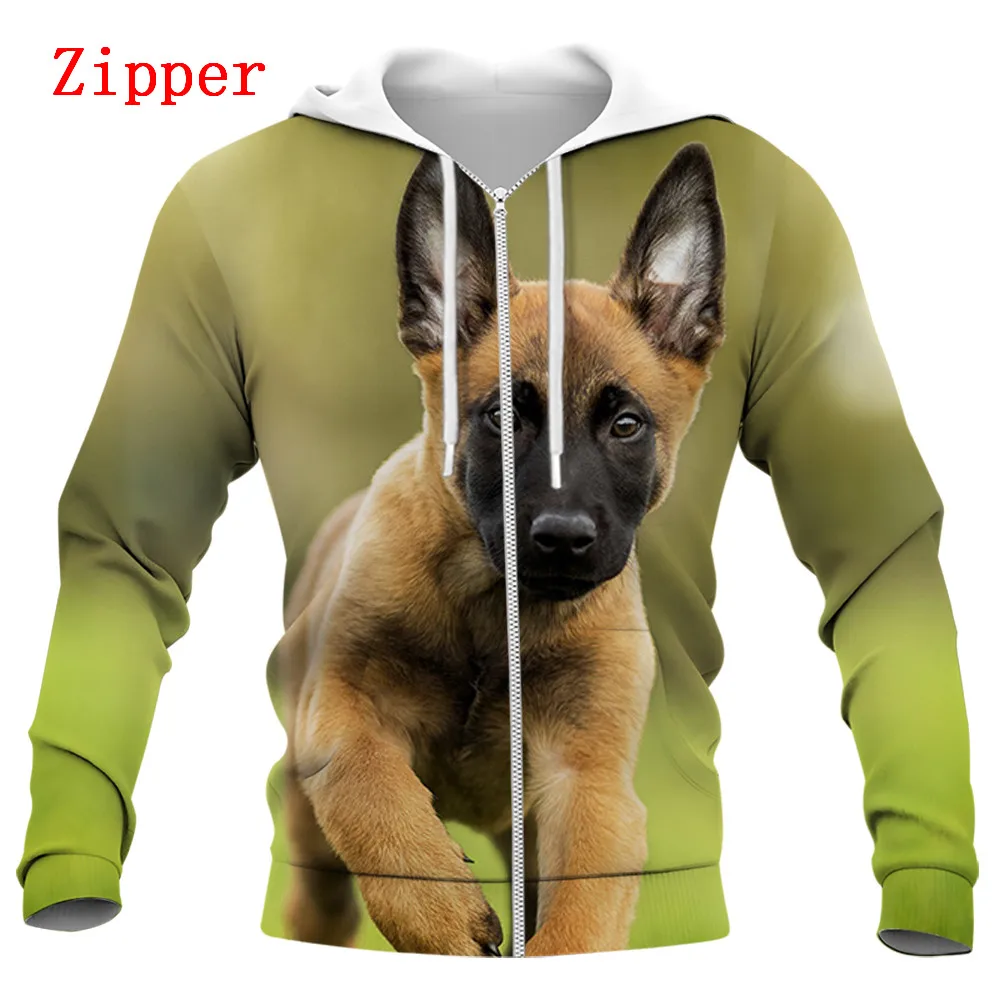 Hx moda animal hoodies engraçado bonito malinois filhote de cachorro 3d impresso moletom das mulheres dos homens casacos com zíper casual streetwear S-7XL