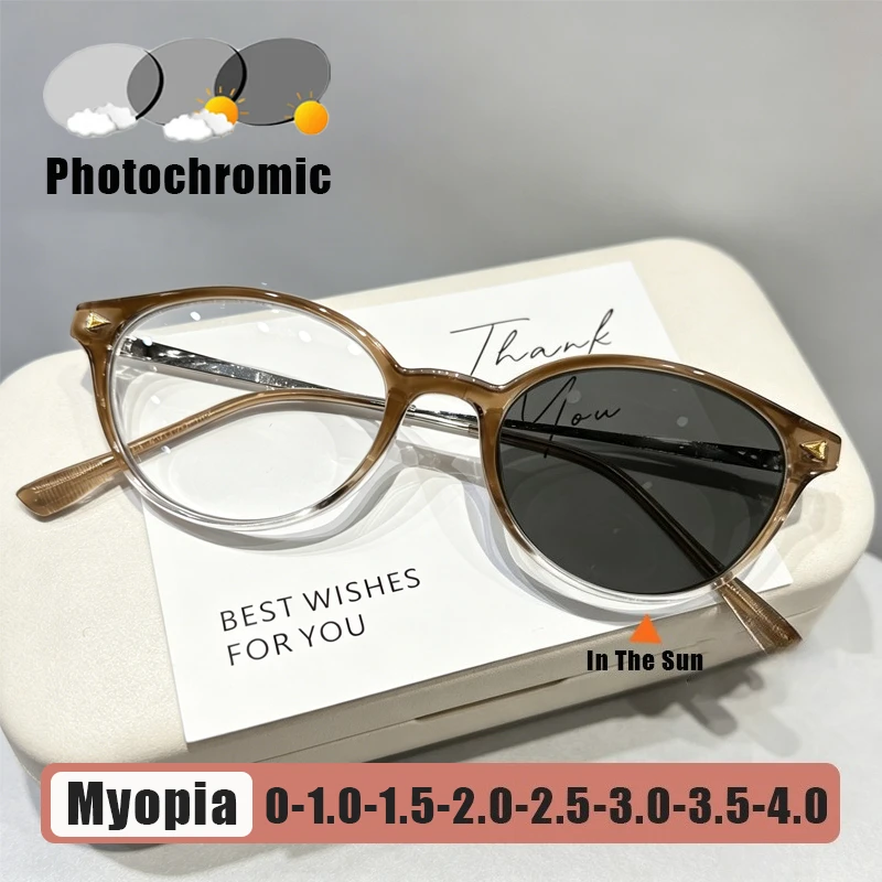 

New Small-Frame Cat-Eye Photochromic Myopia Glasses Unisex Stylish Blue Light Blocking Lens Turn Grey Minus Diopter Eyeglasses