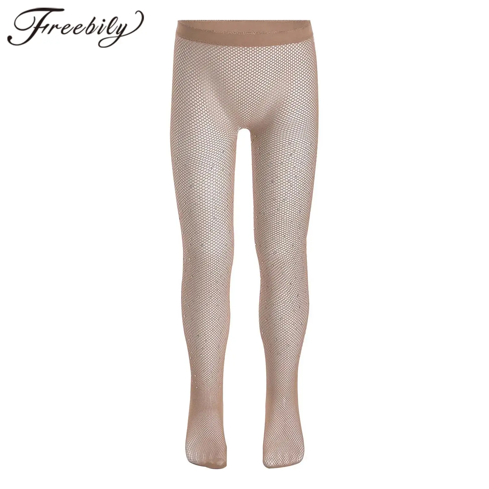 Kids Girls Figure Skating Pantyhose Children Teen Dance Leggings Rhinestones See-Through Hollow Out Fishnet Footed Leggings