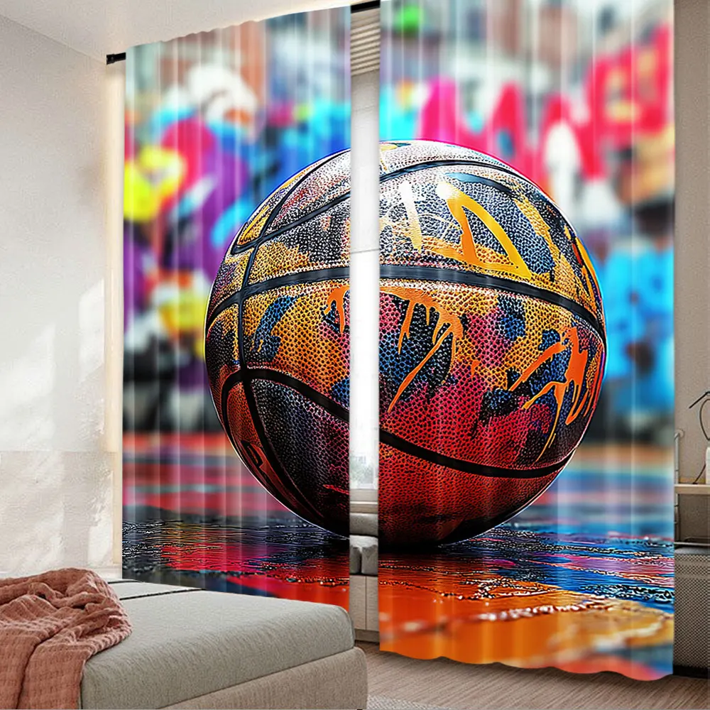 2 stuks basketbalgordijnen sport graffiti art coole aquarelgordijnen geschikt voor slaapkamer badkamer woonkamer eetkamer A