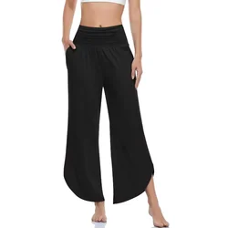 Calça casual feminina de perna larga, cintura alta, manguito inclinado, plus size, na moda