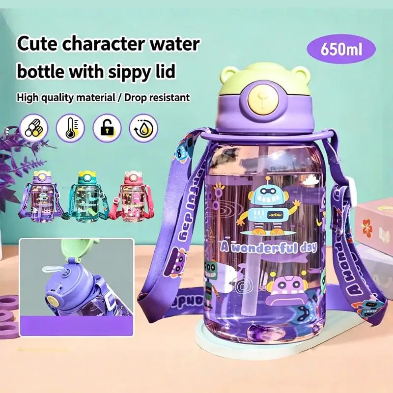650ML Cartoon Kids Water Bottle One Click Leak Proof Lid Adjustable Shoulder Strap For School Outdoor Drinking Supply