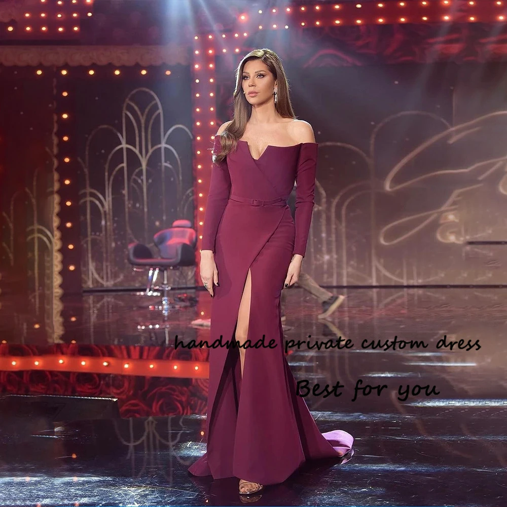 

Purple Mermaid Evening Dresses with Sleeve Strapless Arabian Dubai Prom Party Dress Side Split Long Formal Occasion Gowns