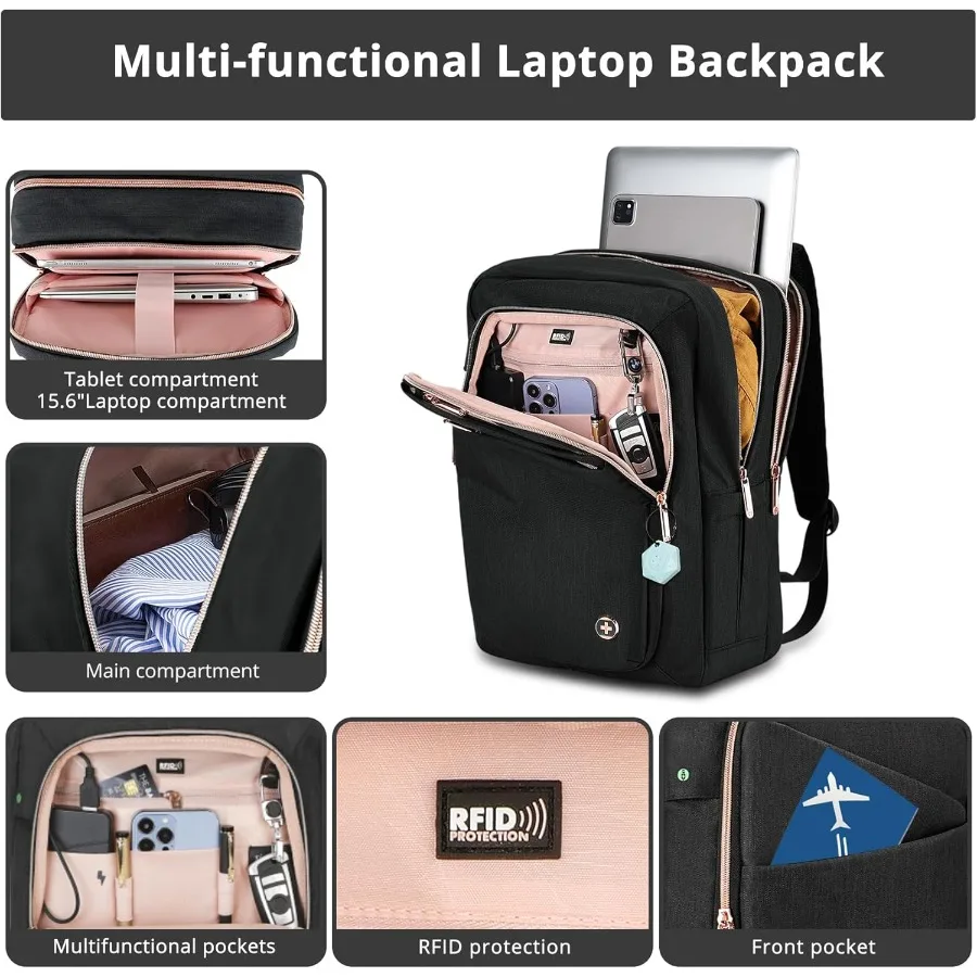 Swissdigital Design Business-Rucksack für Damen mit roségoldfarbenen Reißverschlüssen, College-Reise-Laptop-Rucksack mit Apple Find My N