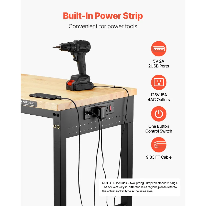 VEVOR Bancada de trabalho ajustável de 60 polegadas, carga de 2.000 libras, banco de trabalho com tomada de energia, rodas e pegboard, madeira de carvalho resistente