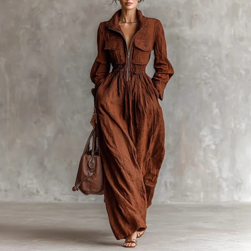 

Elegant Lady Pleated High Waist Commute Dress Simple Pocket Women's Party Maxi Dresses Vintage Lapel Long Sleeve Zipper Dresses
