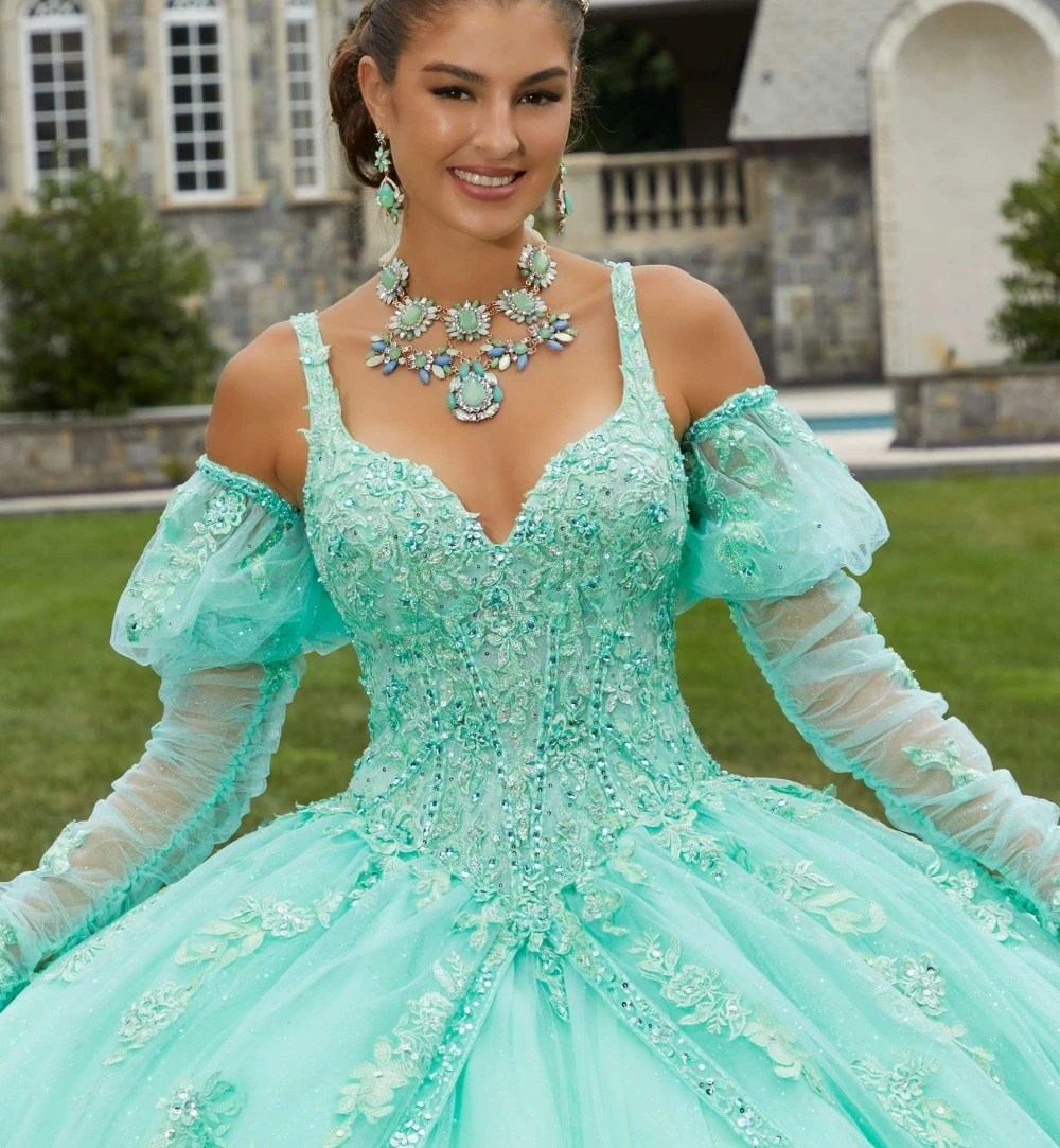 EVLAST Customized Blue Quinceanera Dress Appliques Floral Lace Beaded Pouf Long Sleeve Corset Sweet 16 Vestidos De XV Año TQD114