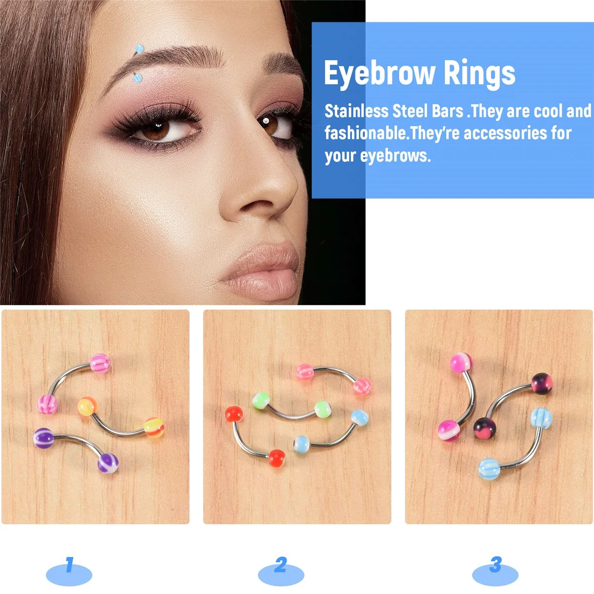 20pcs Colorful Stainless Steel Ball Barbell Curved Eyebrow Rings Bars Tragus PiercingJAS