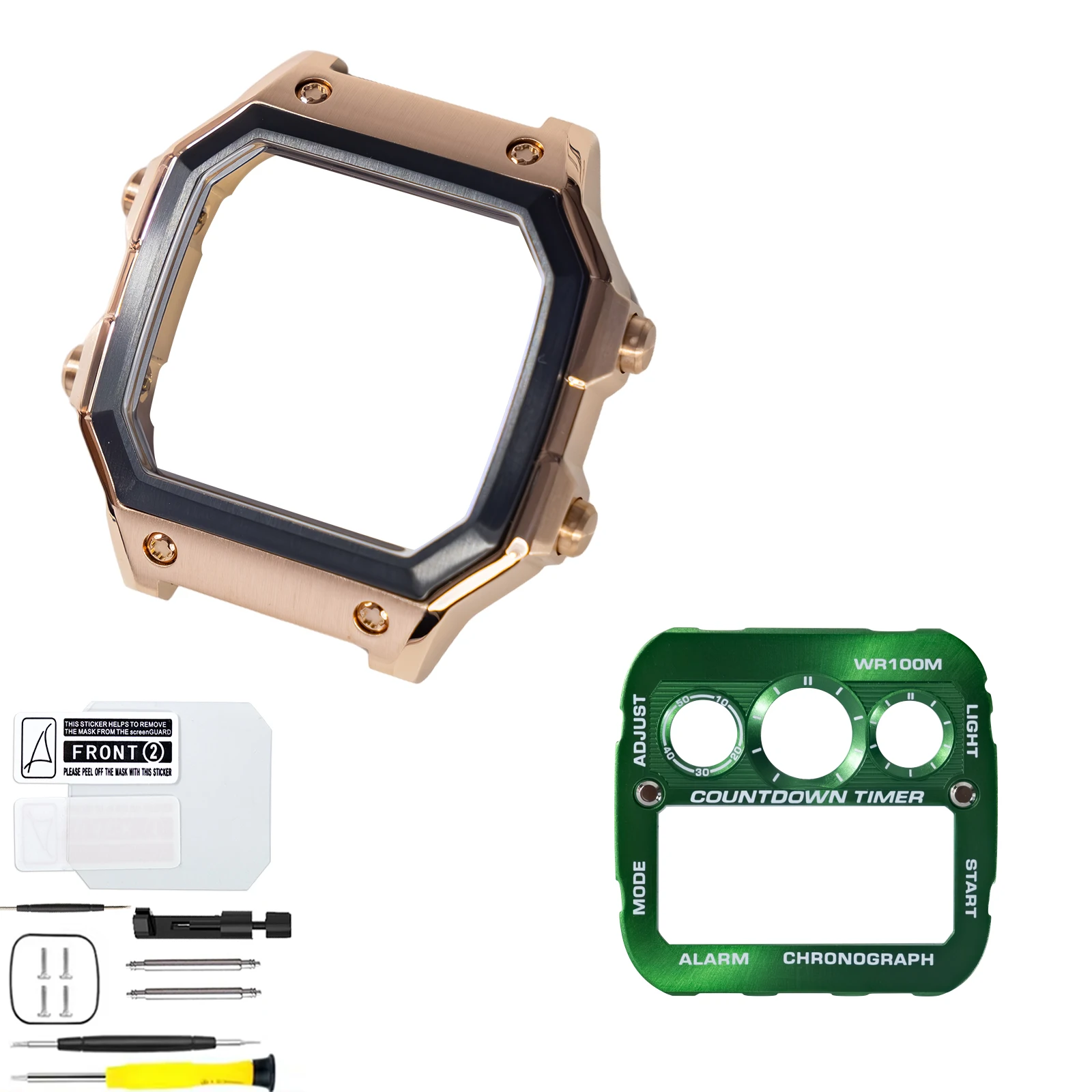 Durable 316L SS Royale Mod Black Bezel Rose Gold Case Dial For Casio AE1300 AE1200 Metal  Case Faceplate K1 Mineral Parts Set view 6