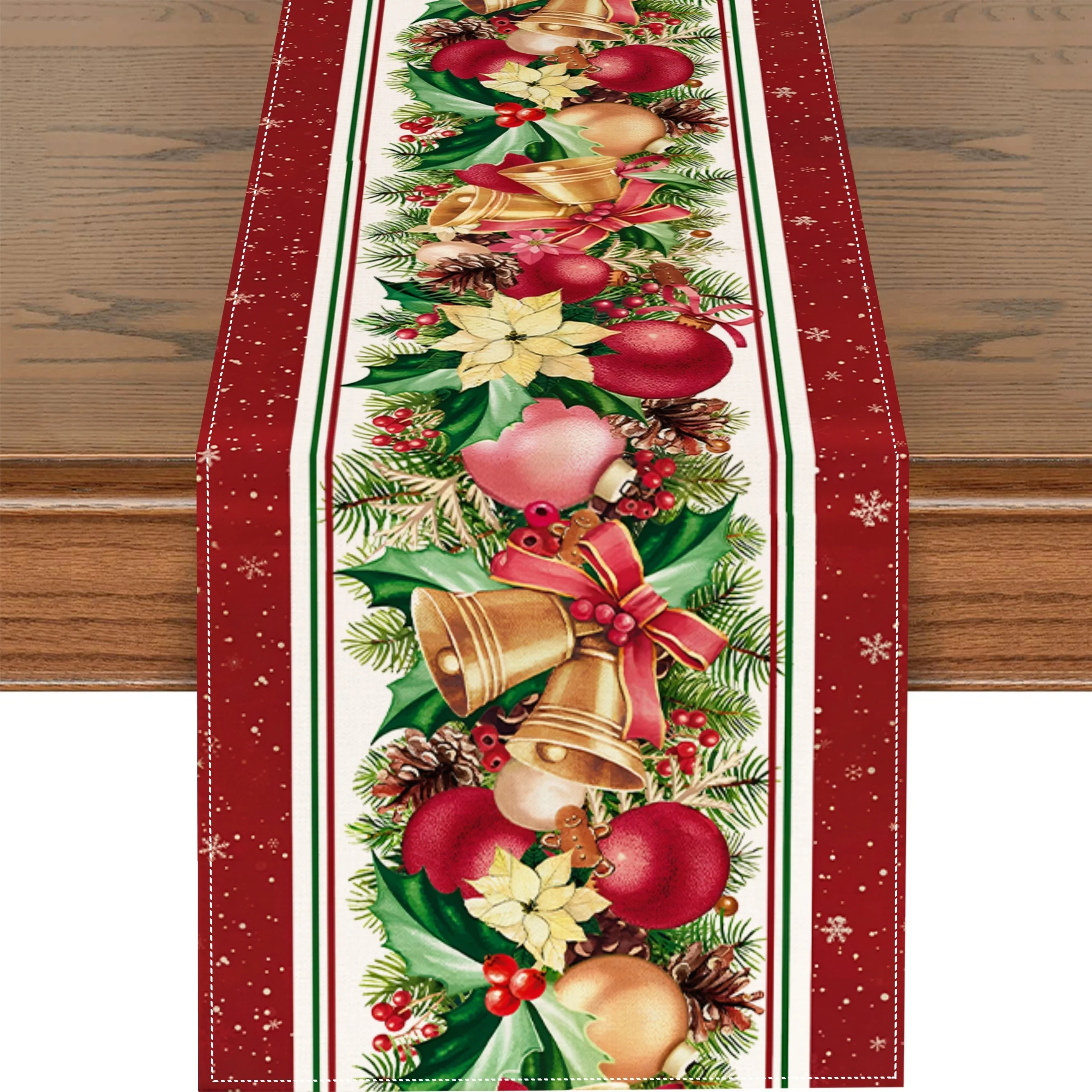 1 Merry Christmas Tablecloth with Red Floral Bell Pattern Christmas Atmosphere Fabric Tablecloth for Holiday Home Decor and Gift