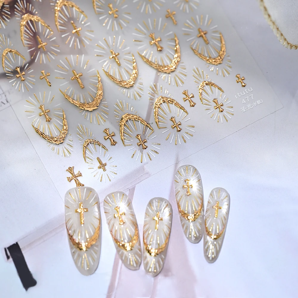 1 stks Donker Kruis Heilig Licht Nail Art Stickers Goud Gestempeld Franse Lijnen 3D Zelfklevende Nail Decals DIY Stralende manicure Sliders