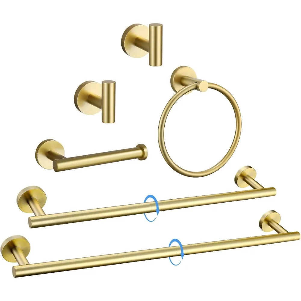 

6 Pcs Bathroom Hardware Brushed Gold Towel Bar Set Includes Toilet Paper Holder and Clothes Hook Stainless Steel Wall Mounted