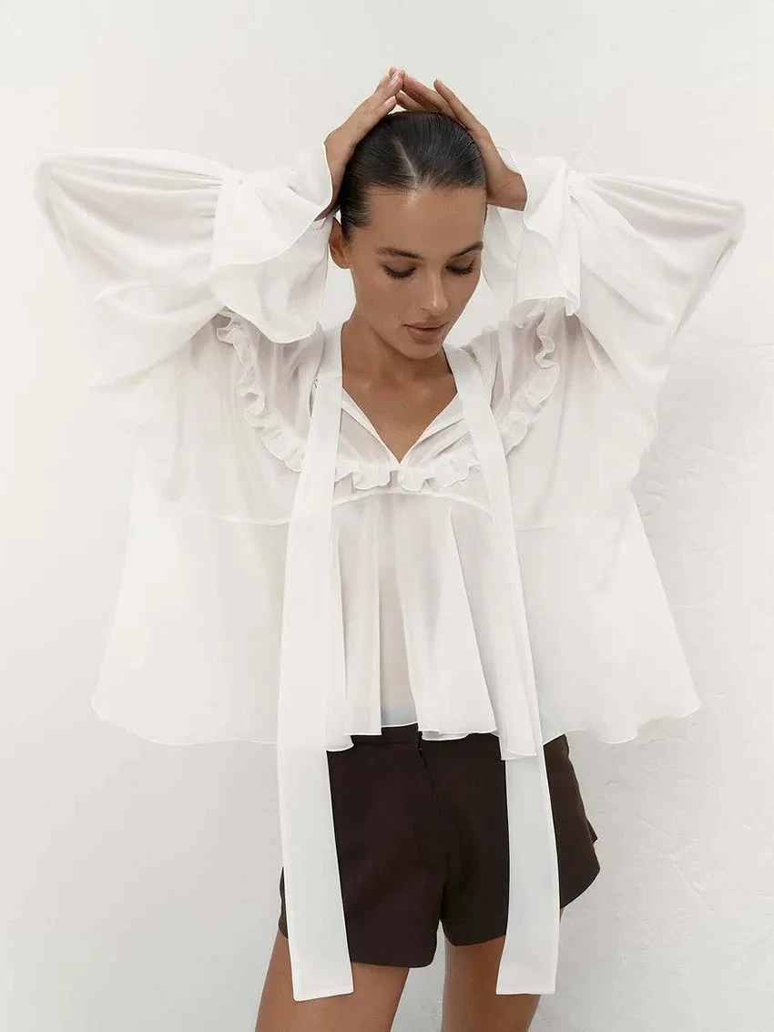

Летние Новые Модные Блузки с Рюшами и Плиссировкой, Элегантные Блузки с V-образным Вырезом на Шнуровке и Длинным Рукавом, Женская Повседневная Белая Свободная Рубашка