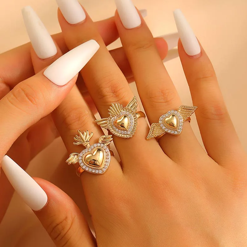Personalized Gothic Saint Heart Rings for Women Luxury Rhinestone Love Crown Wings Open Ring Charm Birthday Wedding Jewelry