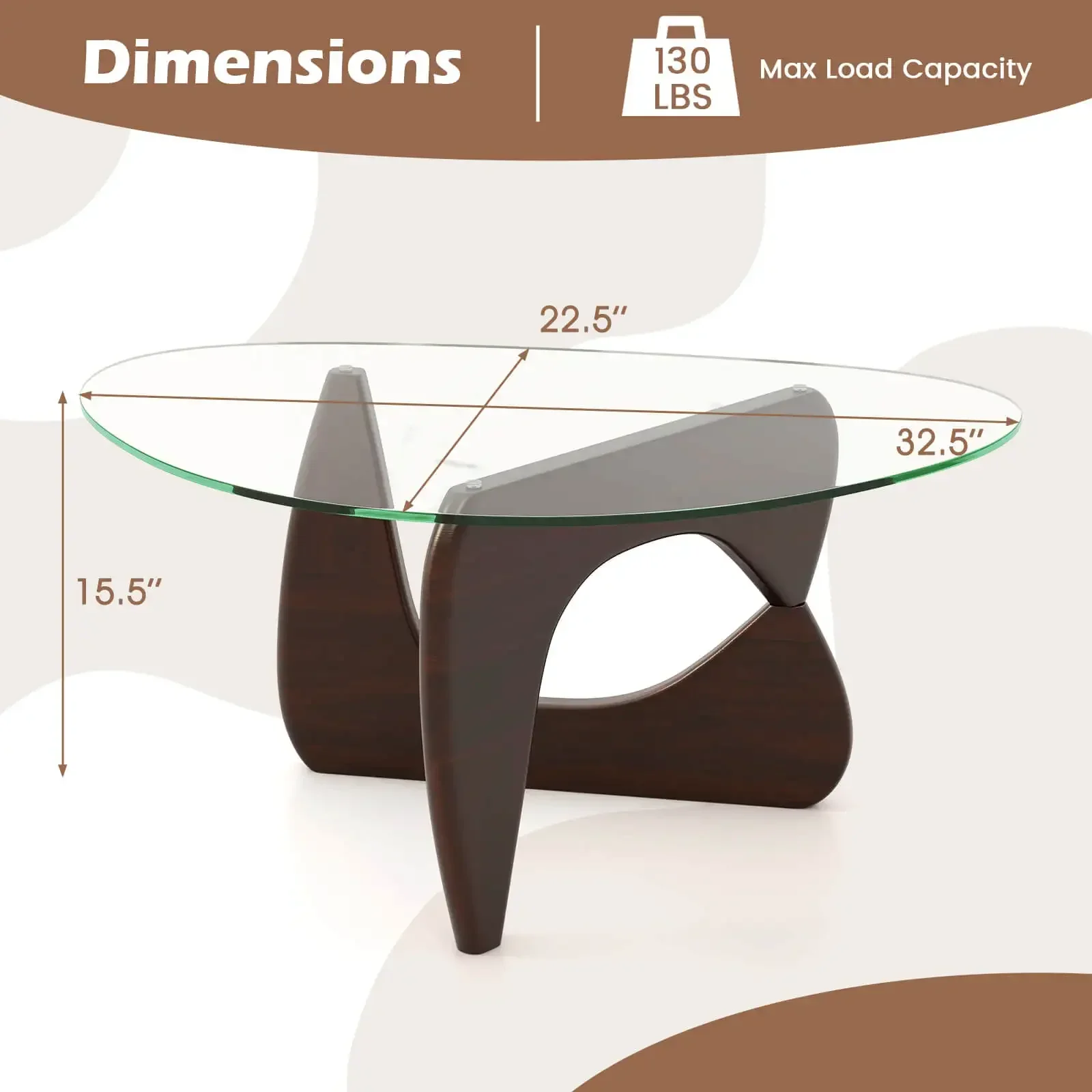 Triangle Coffee Table with Tempered Glass Top & Adjustable Rubber Wood Base