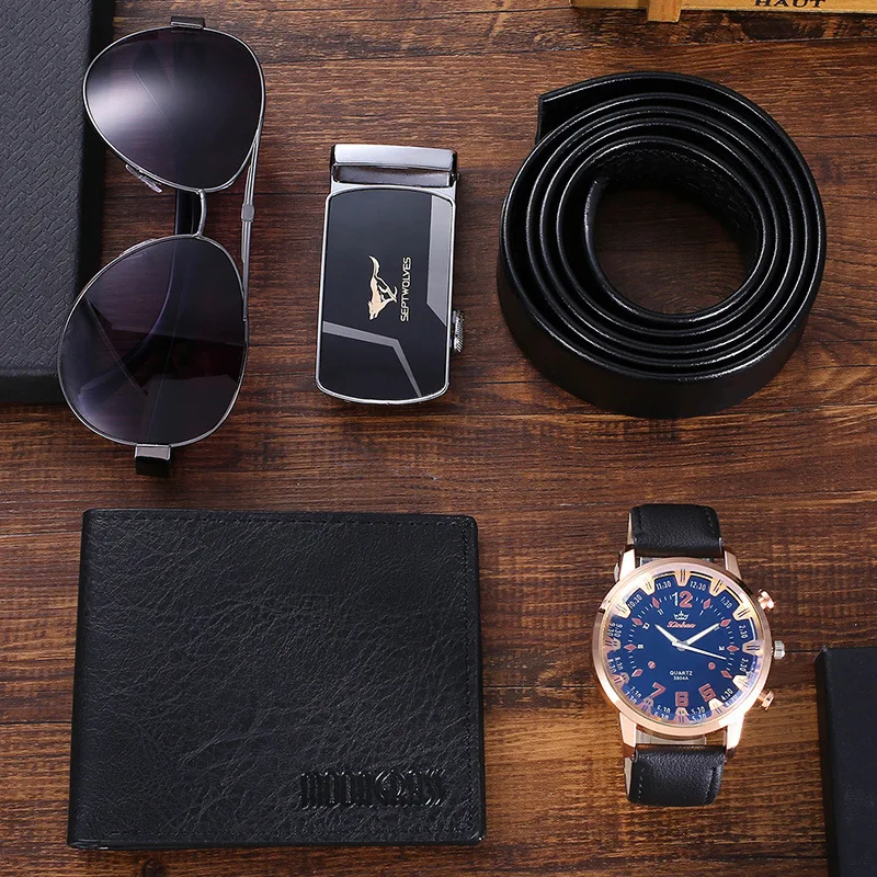 2024 4pcs/set Men\'s Gift Set New Fashion Business Watch Men Glasses Leather Belt Wallet Set Gift Box for Men Gifts Drop Shipping