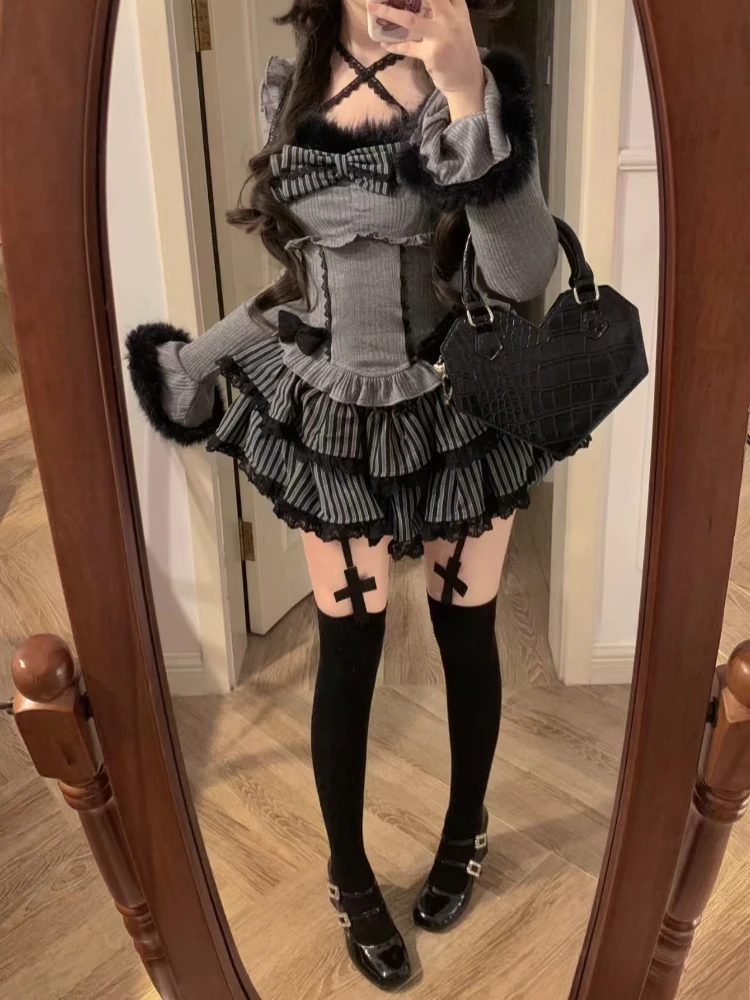 

Preppy Style Hot Girl Korean Style Slim Grey Tow-piece Set Women Vintage Gothic Warm Elegant Bow Slash Neck Thin Spring Outfits