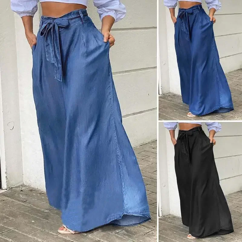 Women Denim Long Loose Wide Leg Pants High Waist Full Length Solid Color Trousers Jeans