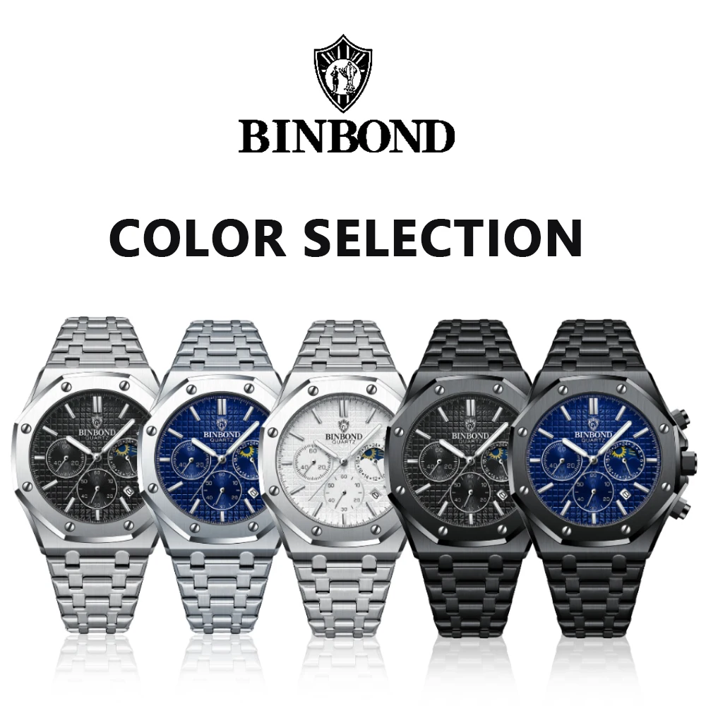 ساعات BINBOND Fine Steel للرجال، ساعة كوارتز أصلية للأعمال، مقاومة للماء، تاريخ مضيء، مرحلة القمر