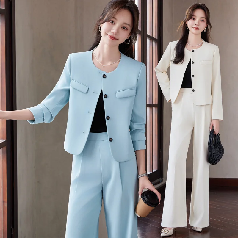 Light Blue Suit Jacket Women's Spring and Autumn Long-Sleeved High-Grade Temperament Goddess Style Wide-Leg Pants Casual Suit